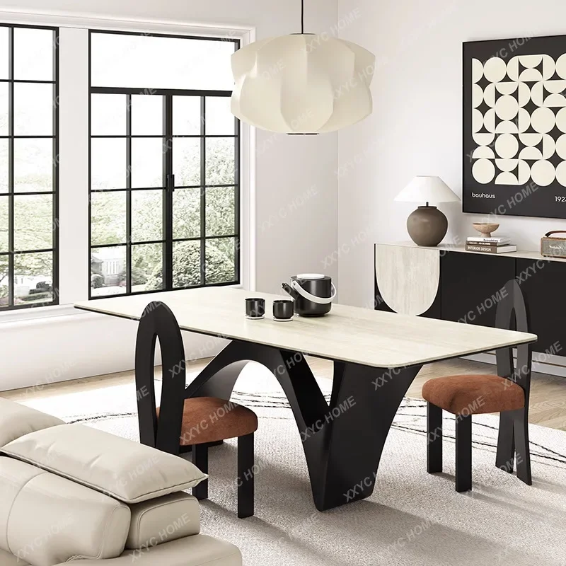 Jmedieval style dining table and chairs, small apartment household rectangular dining table, travertine slate