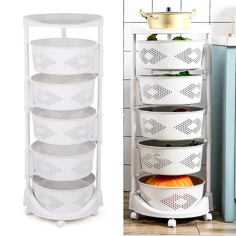 5 Layer Kitchen Rotating Organizer Rack Fruit Vegetable Storage Basket w/ Wheels