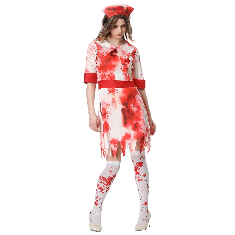 Ladies Scary Nurse Uniform Fancy Dress Cosplay Bloody Zombie Nurse Women Halloween Costume