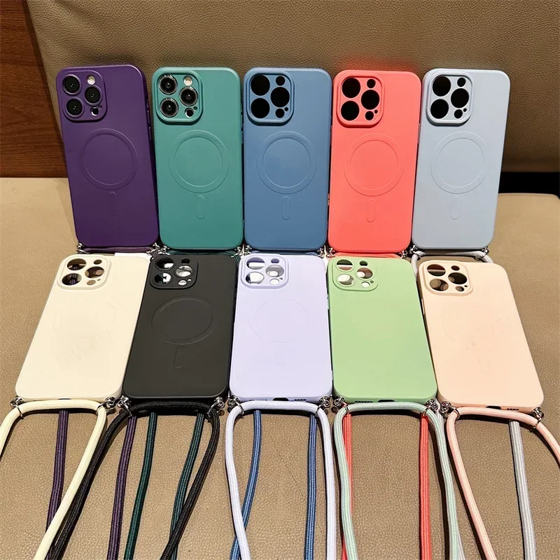 Crossbody Lanyard Magnetic Liquid Case For iphone 16 15 14 13 12 Mini 11 Pro Max Plus For Magsafe Silicone Soft Back Cover