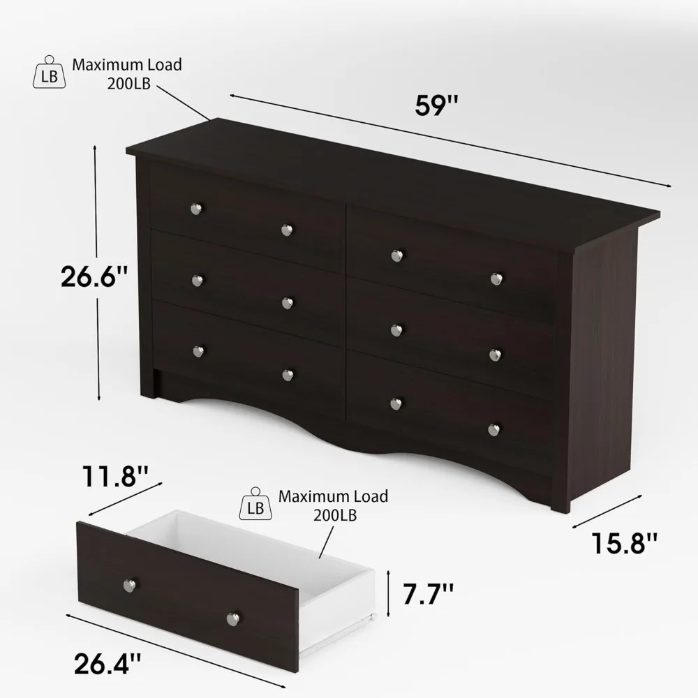 6 Drawer Double Dresser for Bedroom, Industrial Wood Dresser Modern 6 Chest of Deep Drawers, Wide Storage Organizer Cabinet