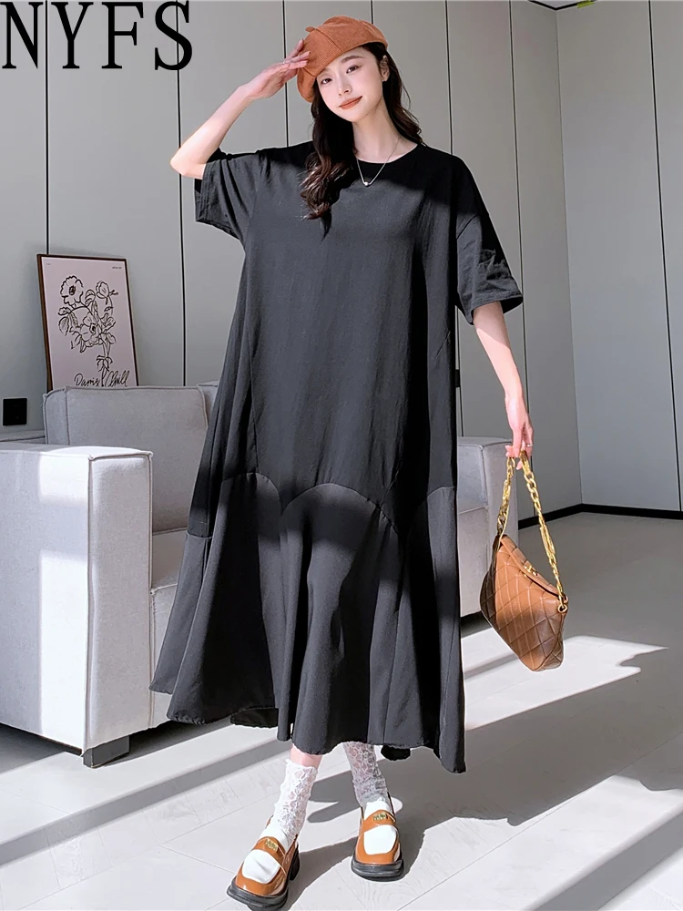 NYFS 2025 فستان صيفي فضفاض حجم كبير غير منتظم هيم فساتين طويلة رداء Elbise كم قصير النمط الكوري فستان امرأة الصلبة #1
