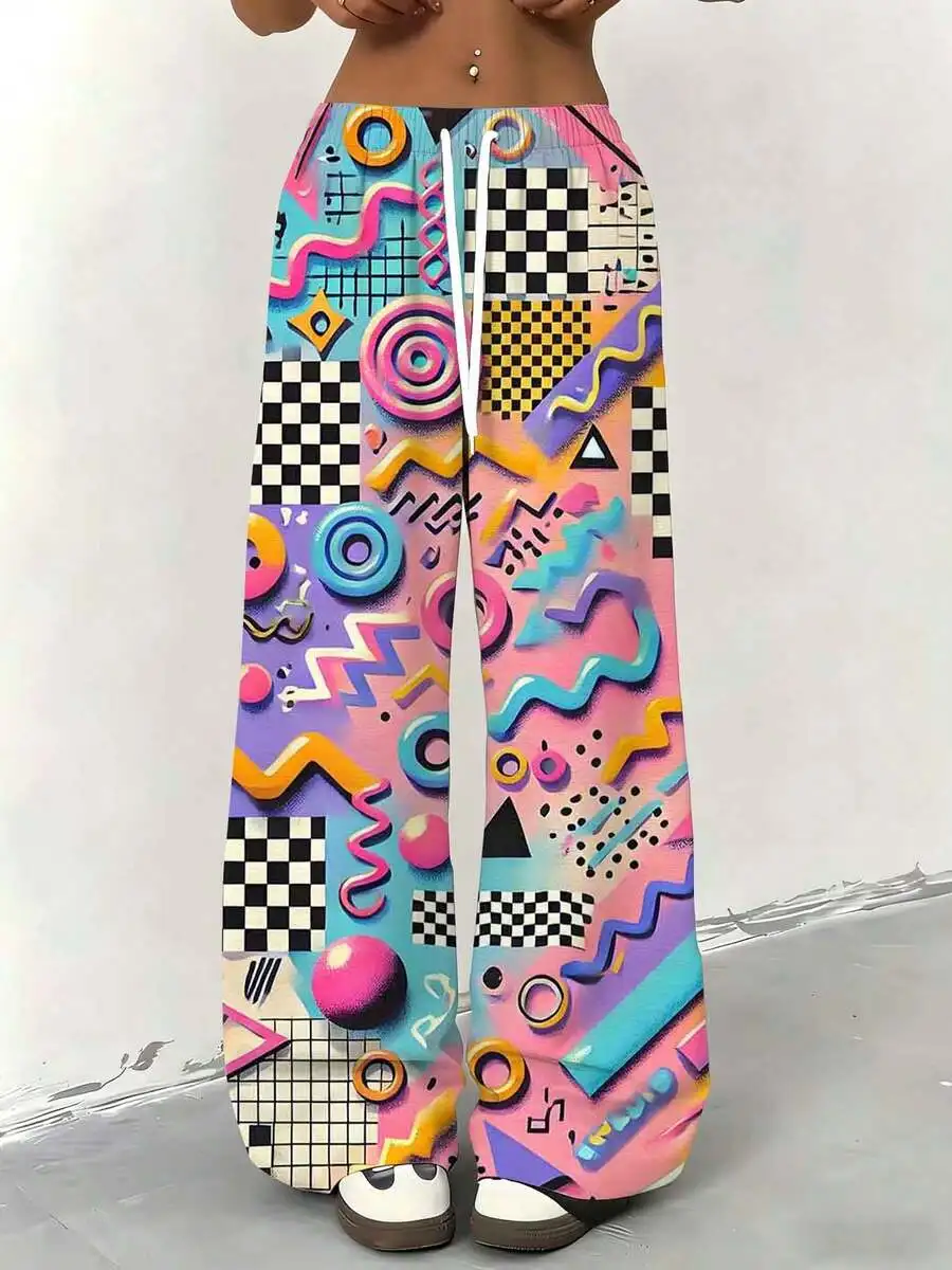 

Womens Wide Leg Pants Colorful Geometric Print Loose Casual Summer Trousers