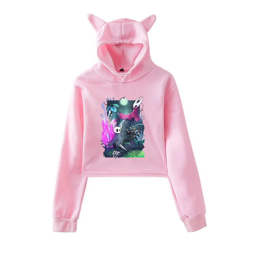 

Hollow Knight Merch винтажная уличная одежда 90-х годов с логотипом, толстовки с капюшоном для девочек, укороченный модный спортивный пуловер с кошачьими ушками