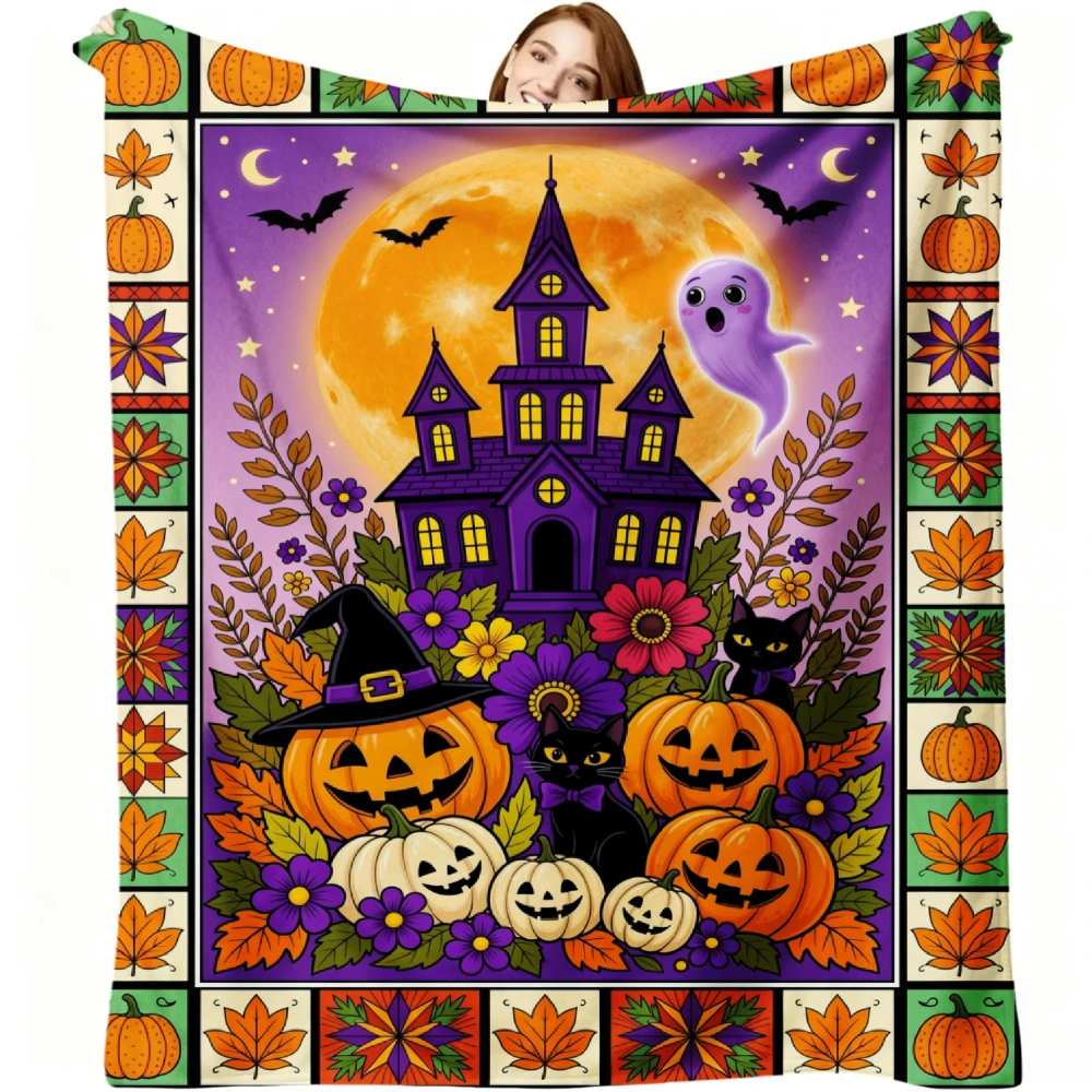 1pc Halloween Haunted House Pumpkin Ghost Print Flannel Blanket Soft Comfortable Warm Bed Cover Autumn Winter Season Home Sofa Bedroom Decor Halloween Thanksgiving Christmas Festival Gift