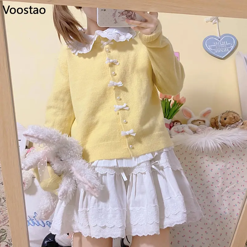 Autumn Japanese Kawaii Girls Lolita Knitted Cardigan Sweet Cute Pearl Bow Pink Sweater Tops Women Harajuku O-Neck Knitwear Coat