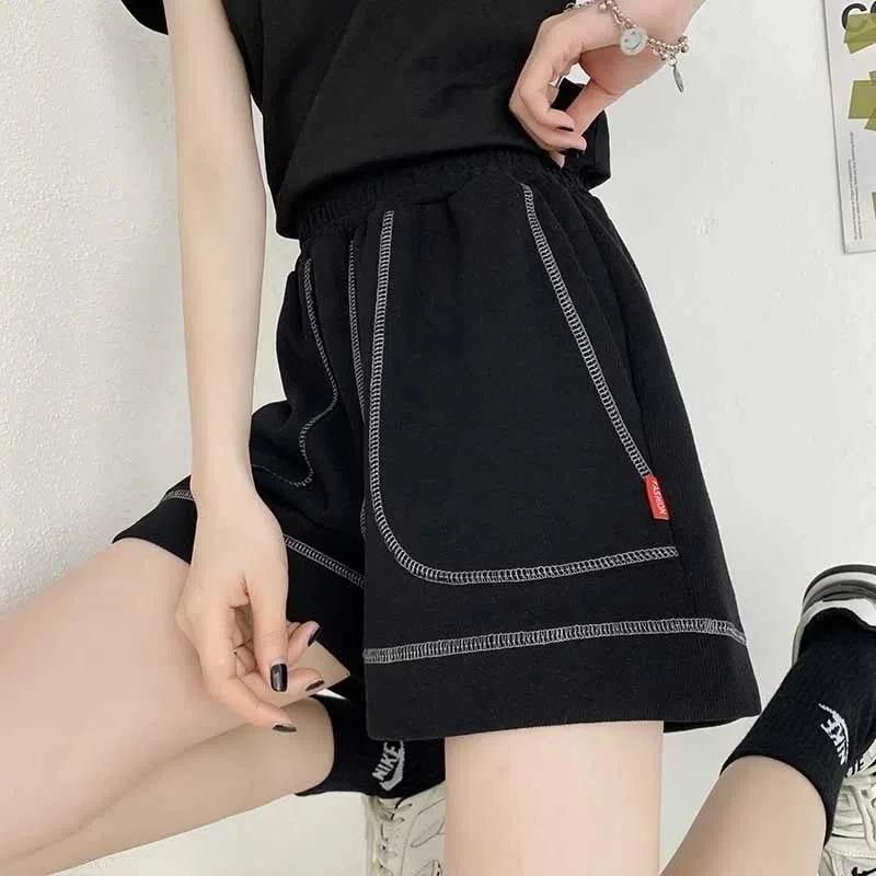 

Elastic High Waist Grey Casual Fashion Sports Y2k Vintage Cycling Shorts Women Straight Big Pocket Clothes Korean Shorts Feamle