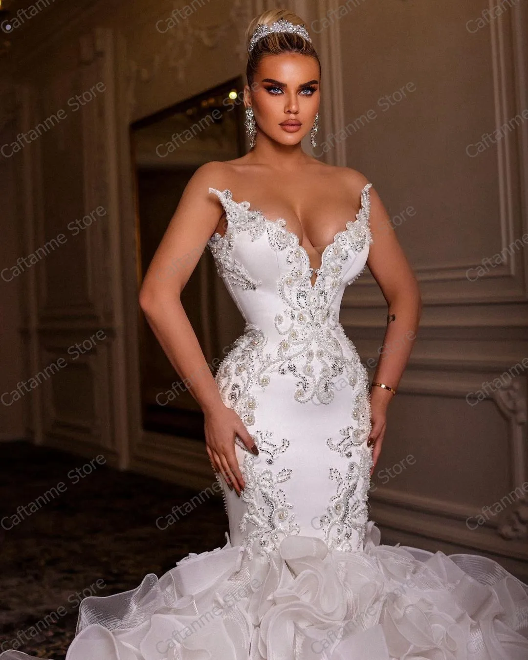 Luxury Beaded Zipper Back Wedding Dress Exaggerated Ruffles Lush Mesh Train Prom Evening Gowns Long Beads Mermaid Bridal Dresses