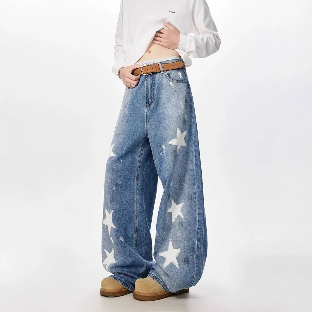 MWJLPWQ جينز عتيق بتصميم جرافيتي خماسية للرجال الهيب هوب خريف جديد ملابس الشارع الشهير بنطلون مستقيم فضفاض 2025 ربيع 11962