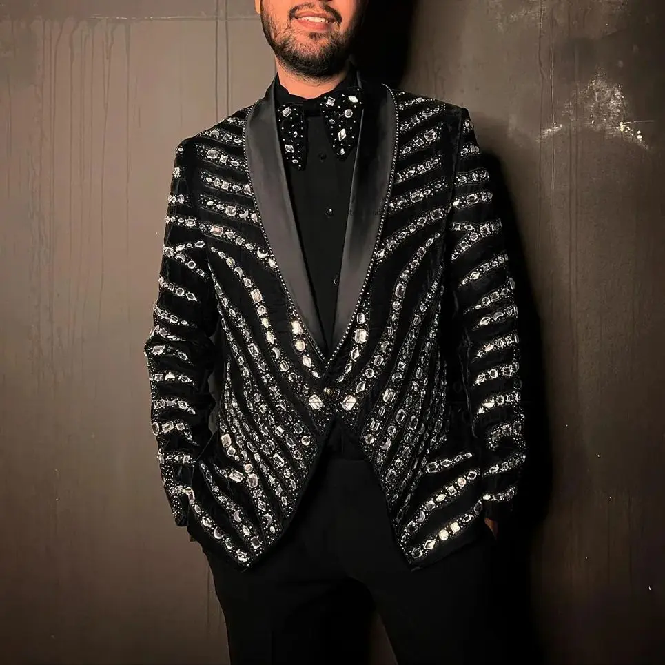 Luxury Metal Embellished Tuxedos Men Suits 2 Pieces Sets Groom Shiny Beads Male Prom Blazers Slim Fit Business Costume Homme
