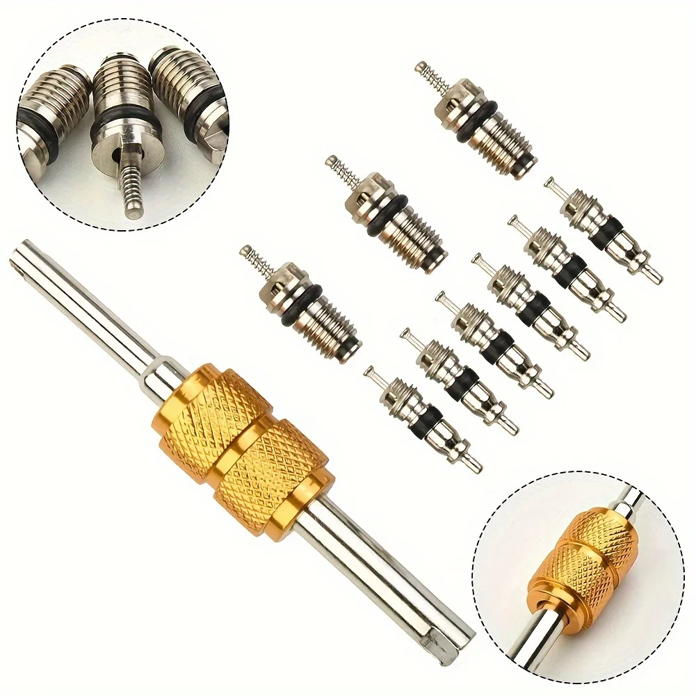 Núcleo de válvula de aire acondicionado automotriz, herramienta de instalación de extracción de llave para reparación de sistema de aire acondicionado A/C R134a, 10 piezas
