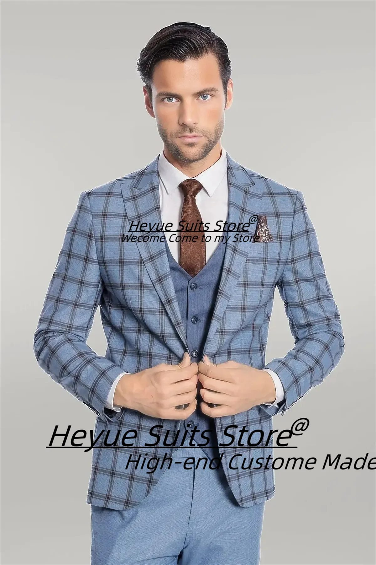 

British style Business Plaid Men Suits Customized Size 3 Pieces Sets Slim Fit Peak Lapel Man meeting Tuxedos Male Formal Blazers