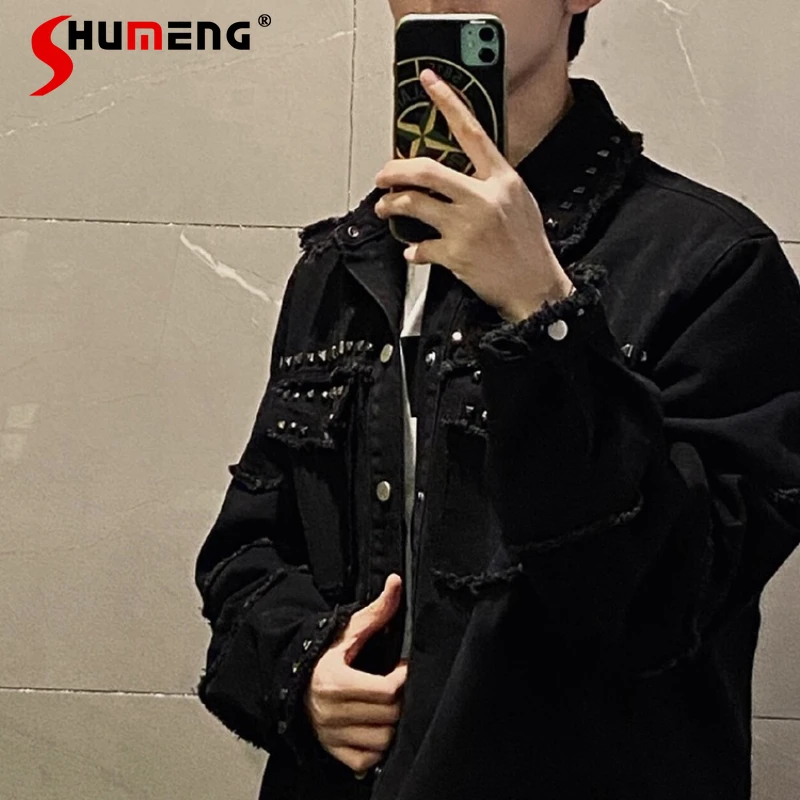 

High Street Fashion Rivet Denim Jackets Men 2025 Autumn New Stylish Loose Couple Coats Loose Chic Lapel Long Sleeve Denim Coats