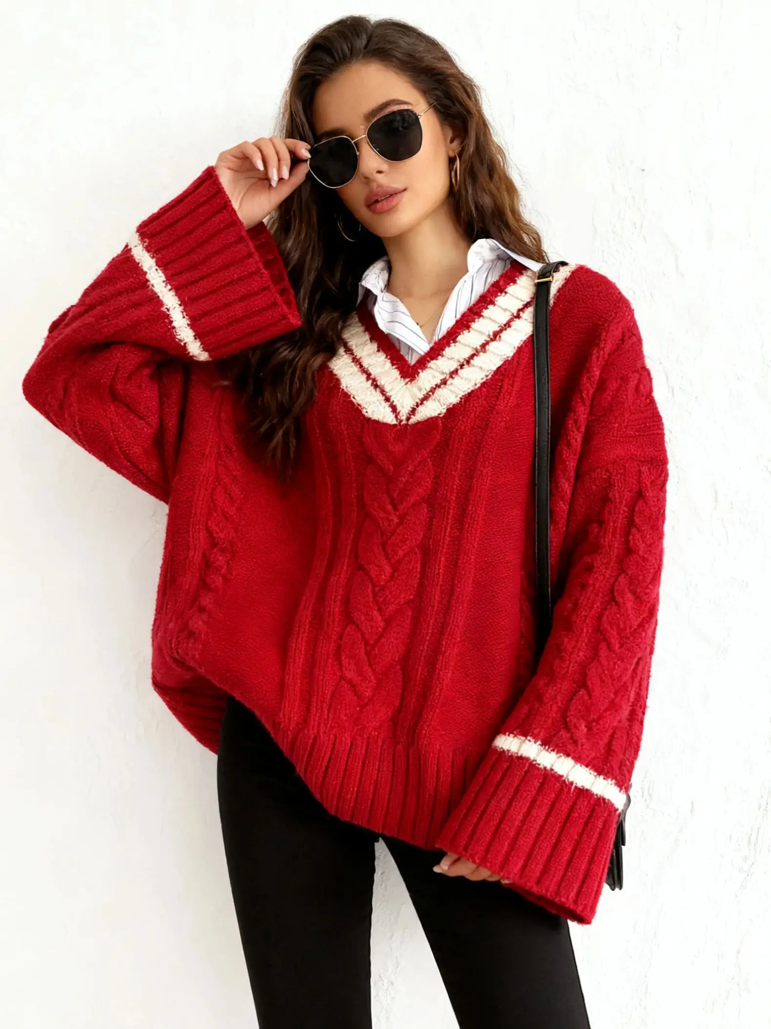 

Autumn and winter new V-neck sweater - Korean loose knit Fried Dough Twists sweater, retro student casual loose pullover