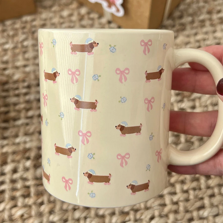 340ml Korean Style Cute Dachshund Pattern Ceramic Mug With Handle Coffee Cup Oatmeal Breakfast Mug Kitchen Drinkware