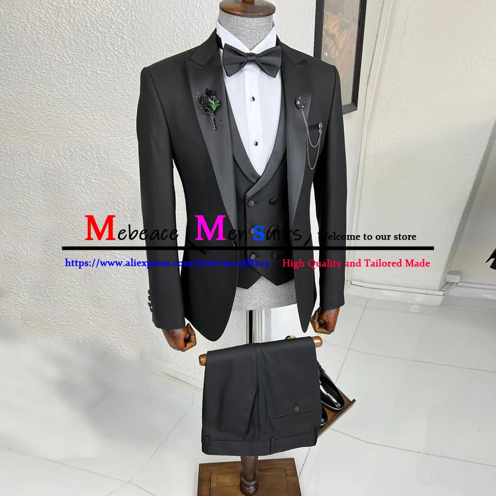 

Slim Fit Black Suits for Men Prom Singer Stage 3 Piece Set Formal Wedding Groom Tuxedo Customized Male Jacket Vest with Pants