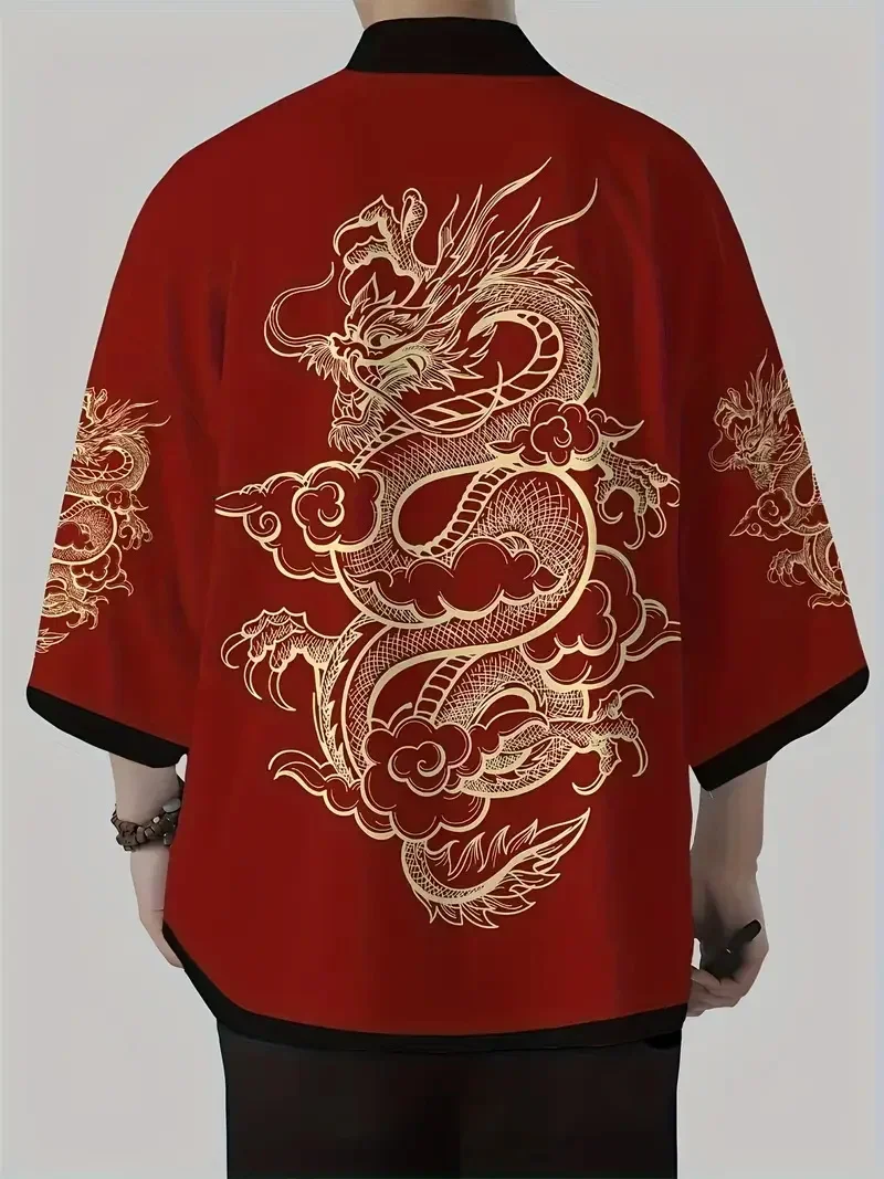 3D Printed Dragon Kimono Cardigan Mens Chinese Oriental Open Front Short Sleeve Loose Casual Vintage Streetwear Red Gold Jacket