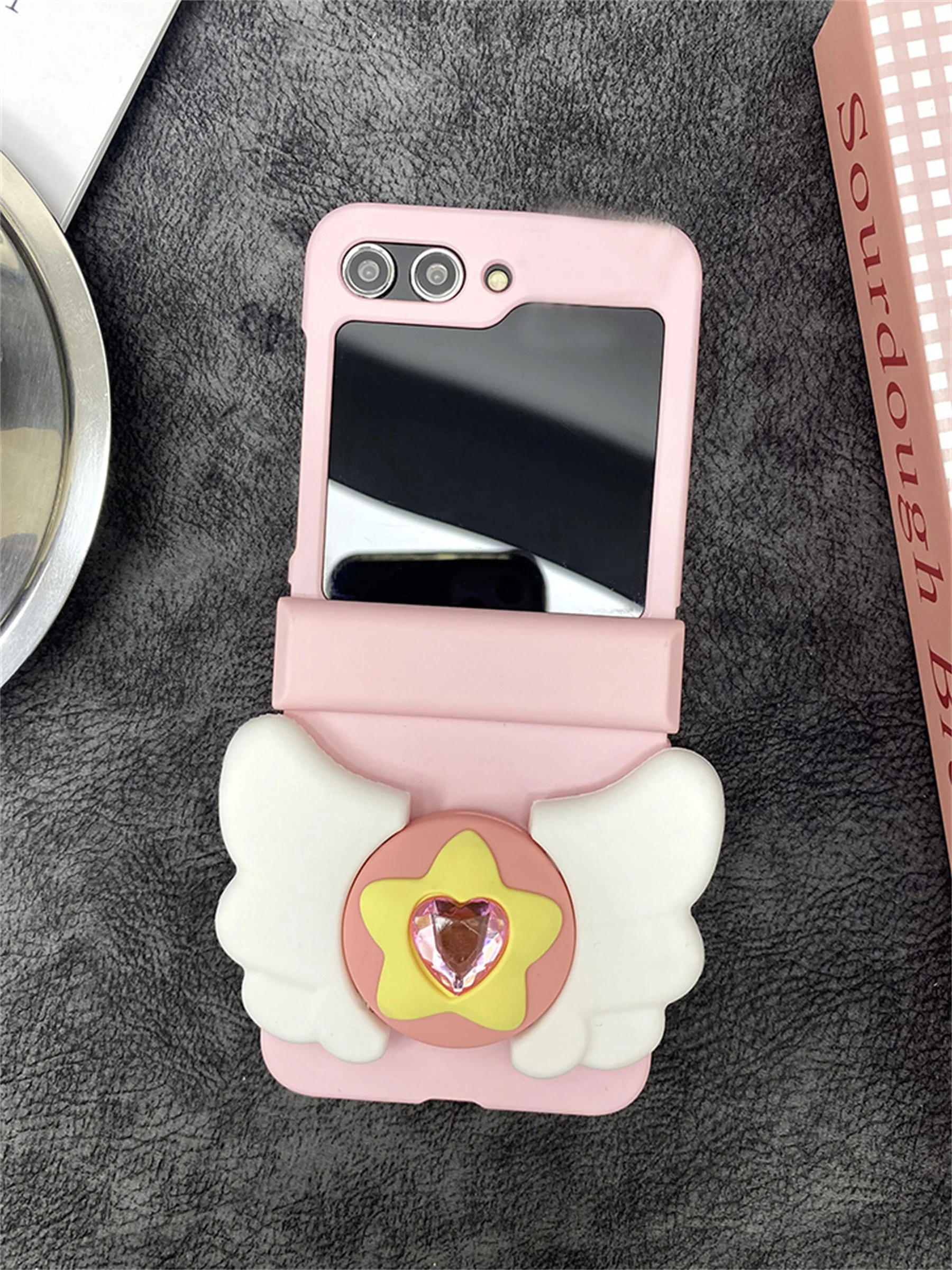 Ins Korean Luxury Cute Diamond Heart Wing Bracket Banana Portable Case for Samsung Galaxy Z Flip3 5G Z Flip4 Zflip5 Flip6 Cover