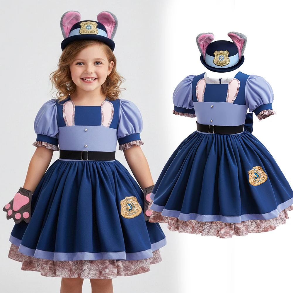 Little Girls Bunny Police Officer Cosplay Dress Kids Themed Outfit for Halloween Carnival Stage Performance Birthday Dress‑Up