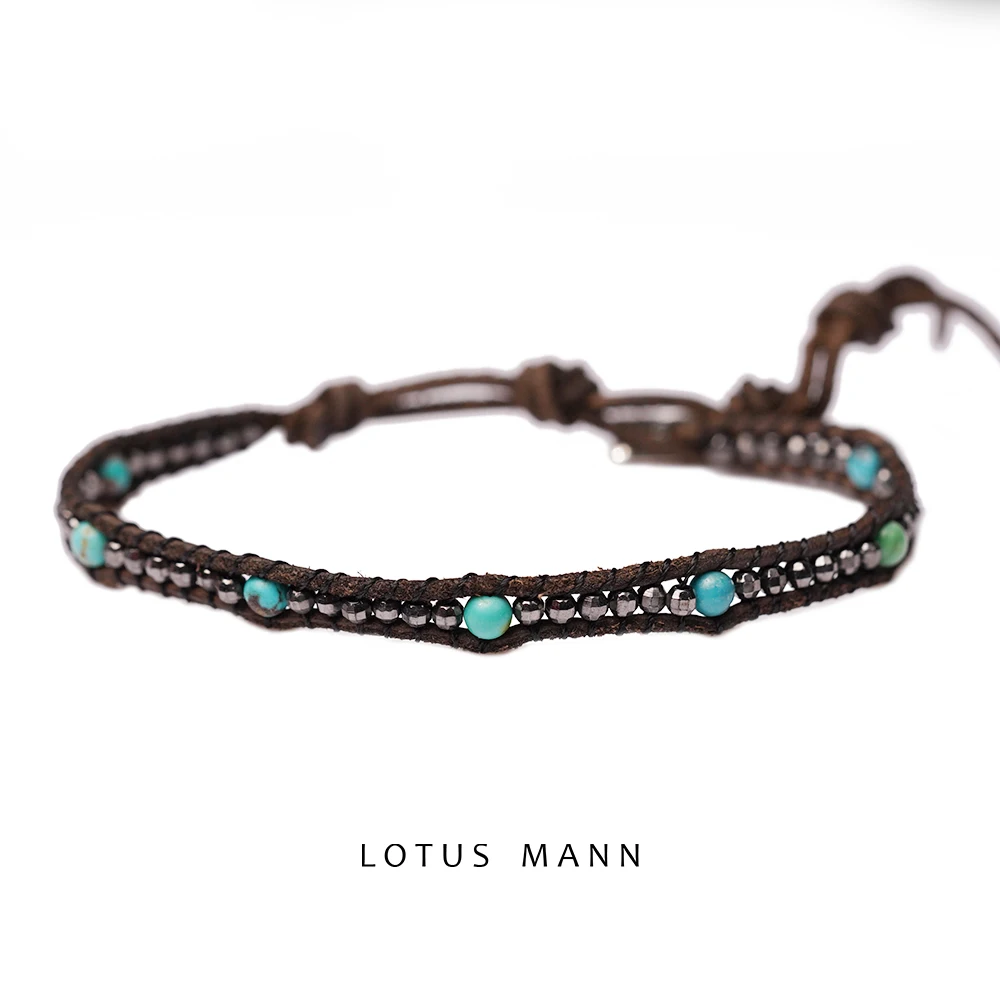 Raw ore Hubei turquoise and 925 silver wool bread paste color leather rope bracelet Lotus Mann European  American fine knitting