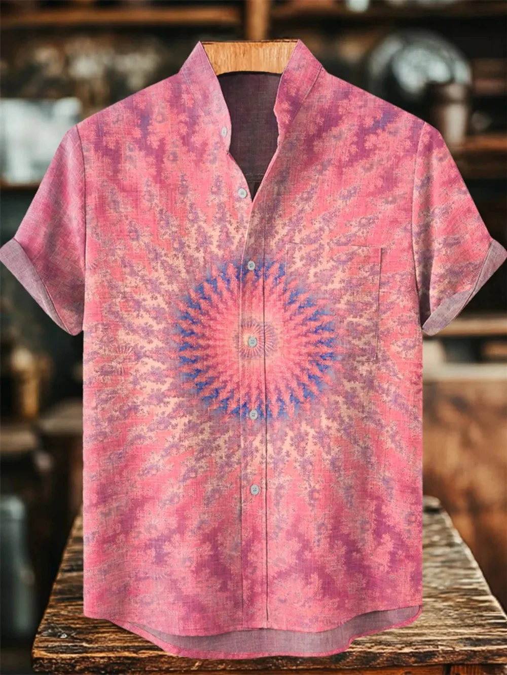 Men's Retro Graffiti Print Linen Short Sleeve Shirt Stand-up Collar Button-Up Casual Cardigan High-Quality Street Fashion Top
