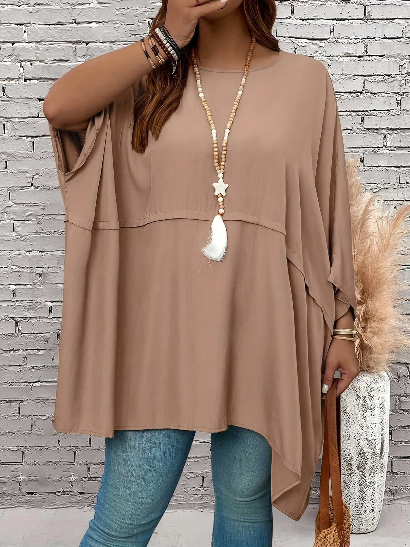 Plus-size women's clothing - solid-color loose crew-neck batwing sleeve top for spring and autumn casual vacations