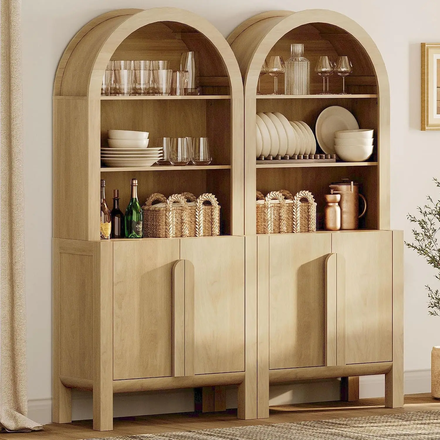 Arched Kitchen Pantry Cabinet 5 Tiers Farmhouse Bookcase Doors Adjustable Shelves Kitchen Dining Room Oak 2 PCS, Customized
