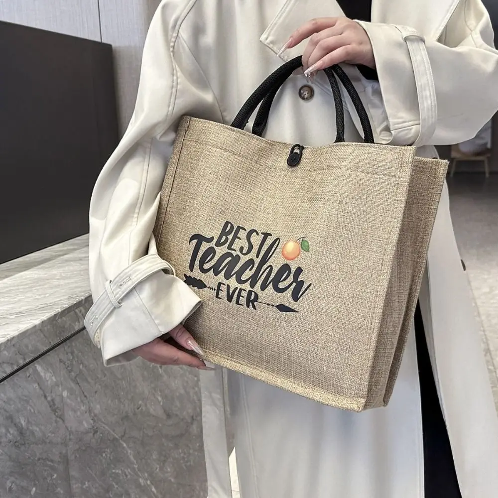 Letter Print Linen Tote Bag Portable Large Capacity Reusable Lunch Bag Top Handle Shopping Bag