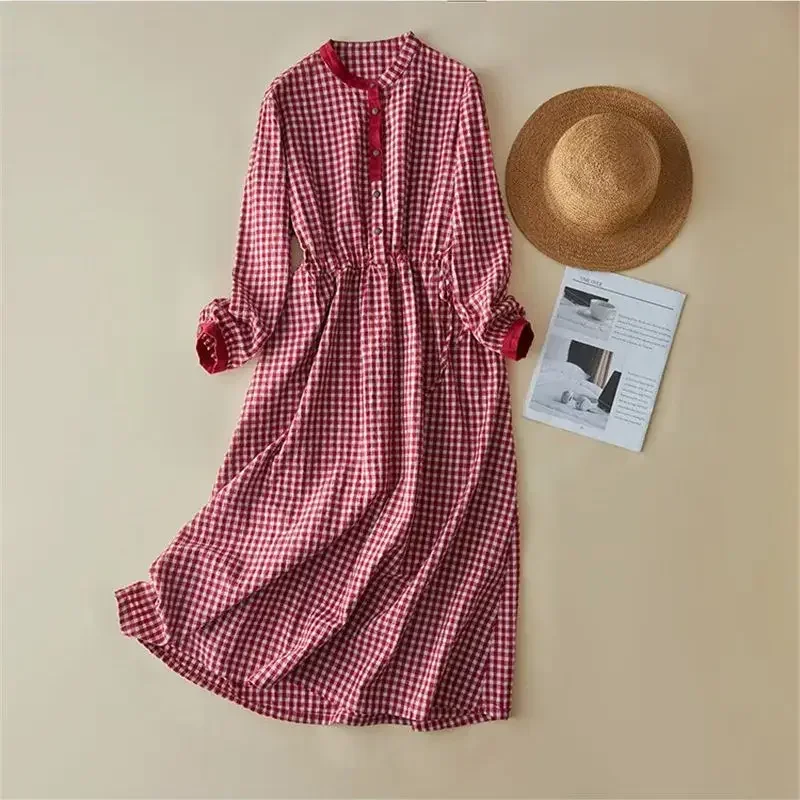 Limiguyue Cotton Linen Casual Plaid Dress Women Long Sleeve Spring A-Line Midi Dress Lace up Waist Literary Vestidos E460