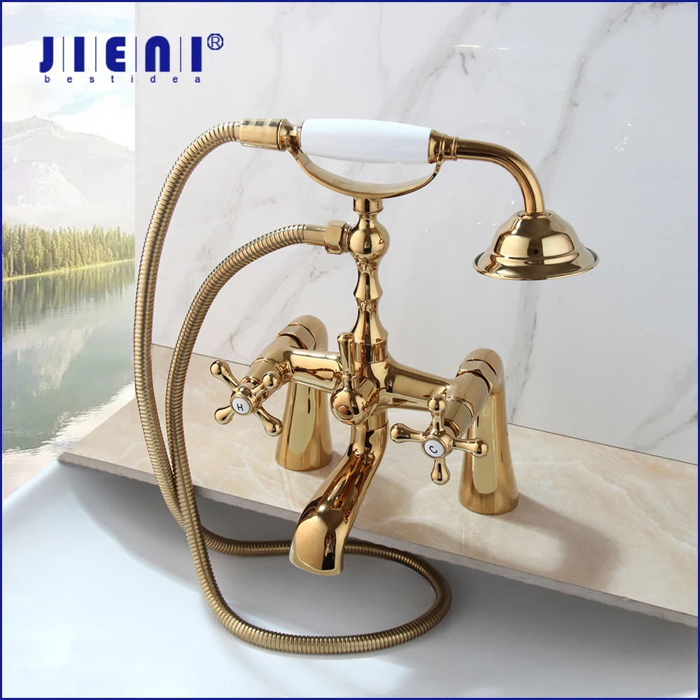 

JIENI Bathtub Shower Faucet Set Retro Gold Fashion Deck Mounted Dual Handle Control With Hand Shower Hot Cold Water Mixer Taps