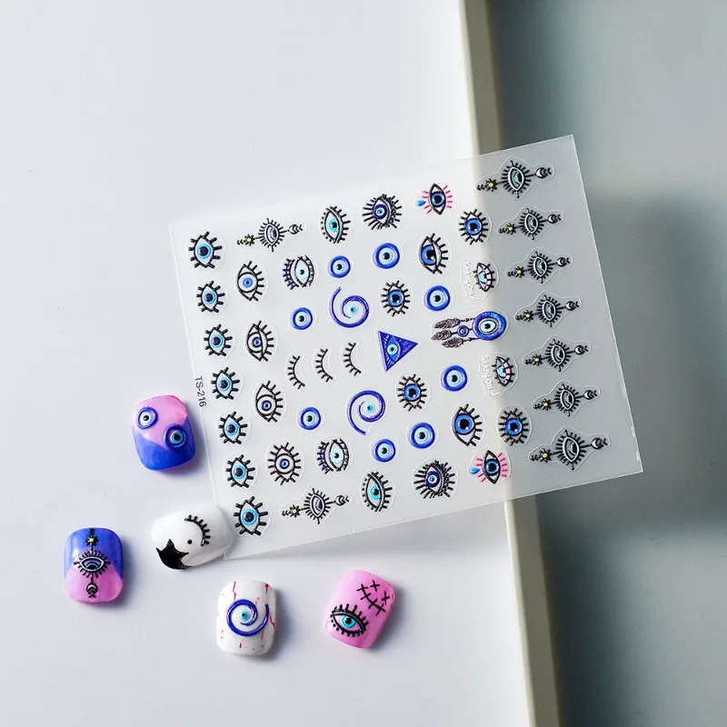 1 pçs novos adesivos de unhas de olho do diabo 5d azul cílios alívio adesivos de unhas adesivo traseiro