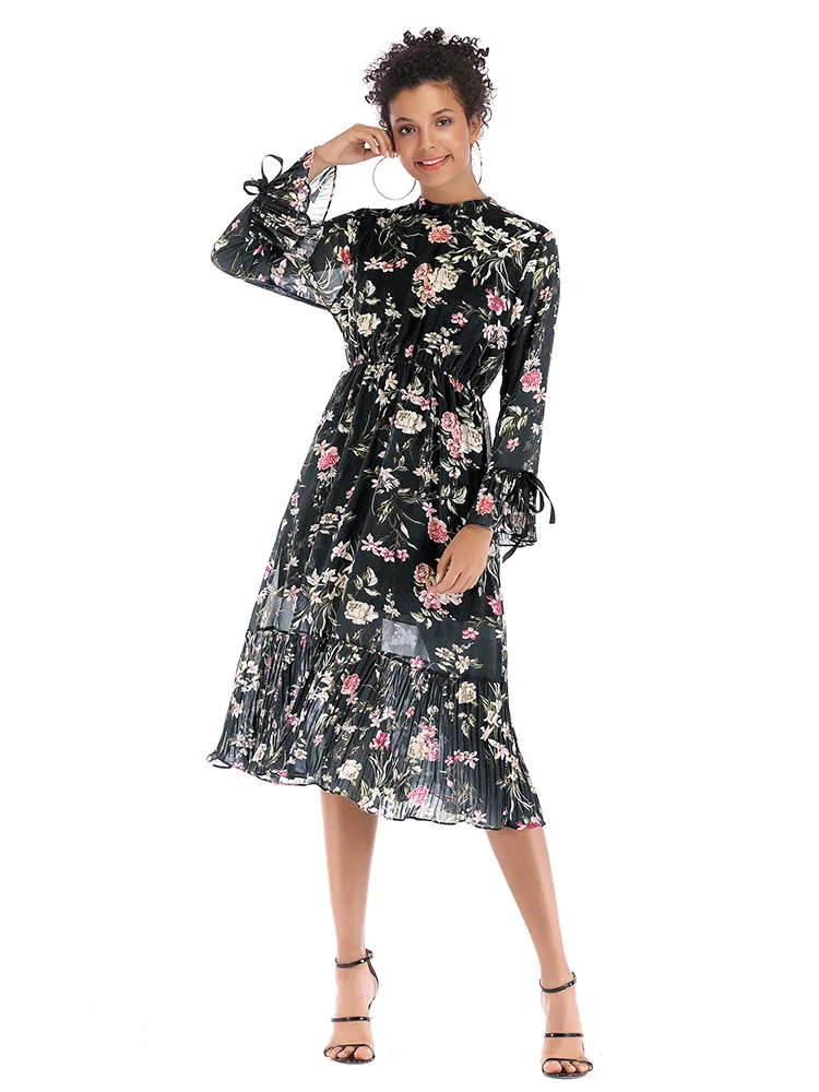 Women's Spring And Autumn Leisure Dress Fashion Style American Retro Long Sleeve Creative Flower Print Knee Length Dresses