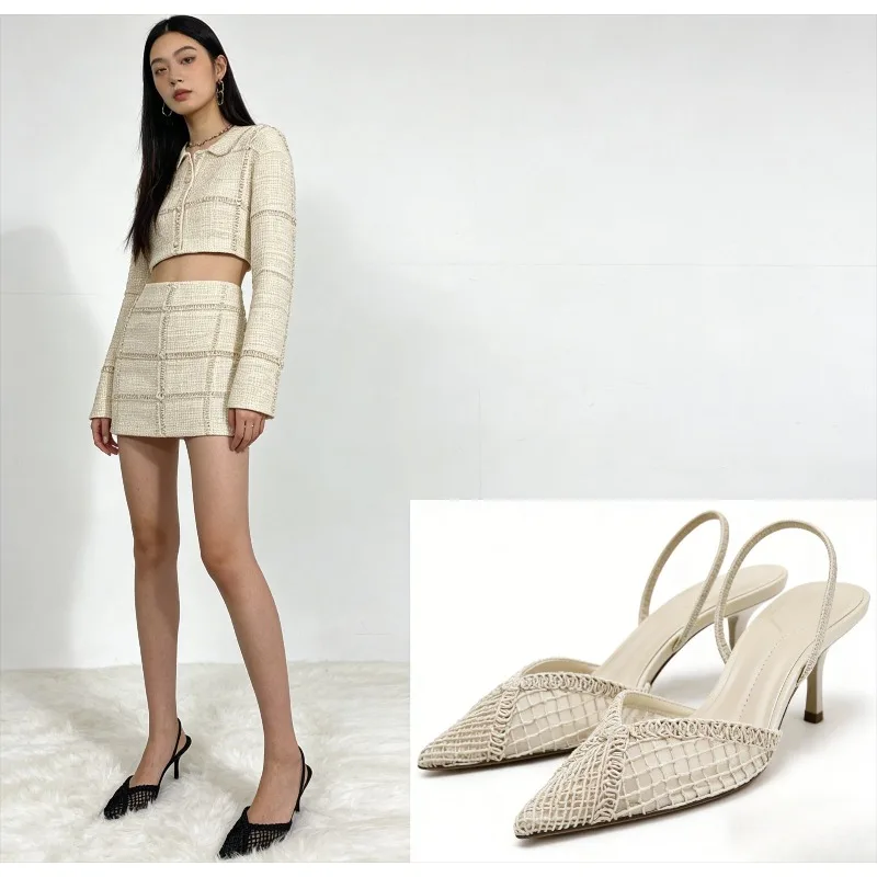 

Fashion Black Hollow Mesh Woven Brand Pumps Women Comfort Pointed Toe Shallow High Heel Sandals Elegant Thin Heel Designer Shoes