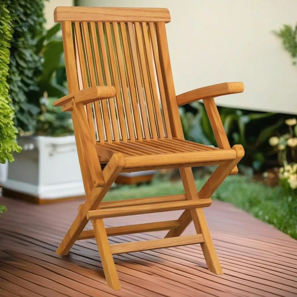 Set of 2 Solid Teak Wood Patio Chairs with Stylish Gray Cushions