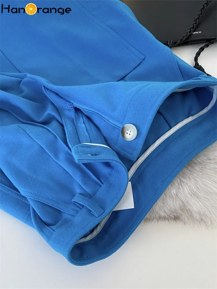 HanOrange 2025 Winter Niche Vintage Fashion Loose Straight Stitched Curly Pants Women Thickened Trousers Female Black/Sky Blue