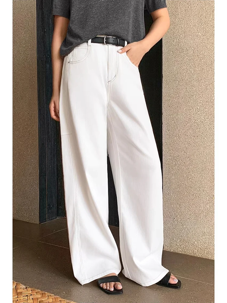 

Faionable Straight Leg Jeans High Waist Thinming Diagonal Stripe Waed Cotton Versatile Ladies Spring Summer Pure Color