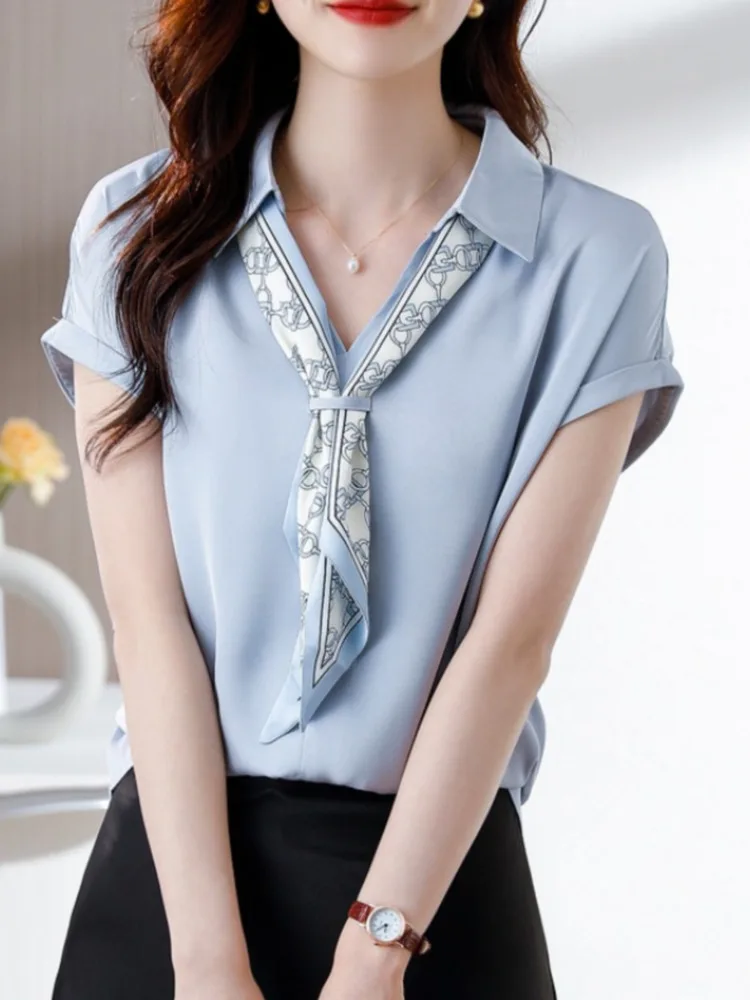 #3329 Blue Satin Shirts Women Bow V-neck Office Short Sleeve Shirts Female Sexy Elegant Office Short Blouse Femme France Style