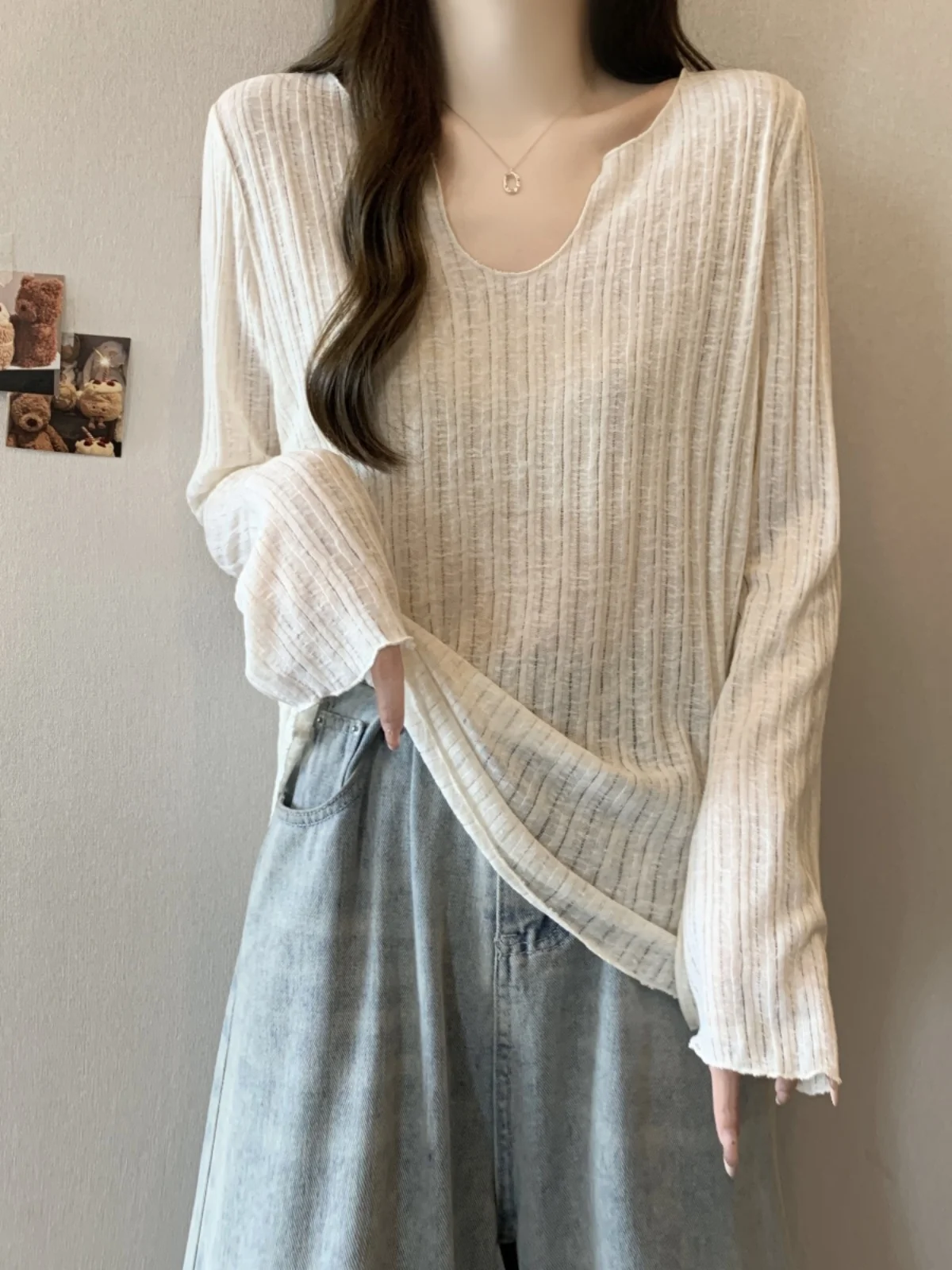 Slimming Effect Long Sleeve U-Neck Knitted T-Shirt Women's Spring Autumn plus Size Conceal Belly Texture Base Layer Top