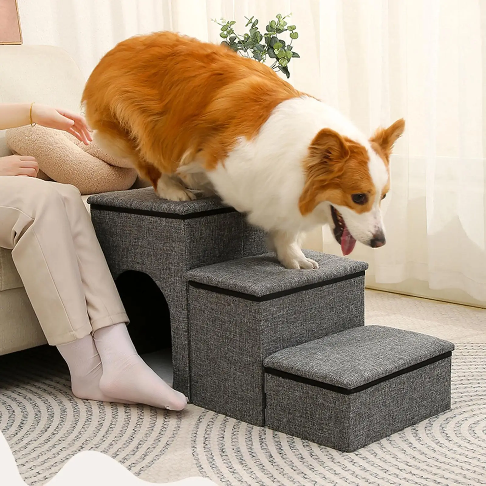 Folding Pet Stairs with Storage Box Non-Slip Pads High Beds Dog Puppy Ramp Dog Stairs for Indoor/Outdoor Travel Dog Cat Steps