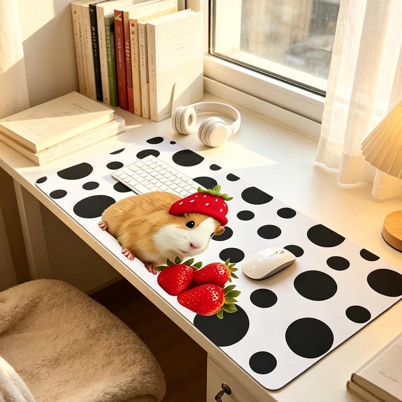 Kawaii Guinea Pig Sweet Strawberry Black Polka Dots PU Leather Mouse Pad E-sports Game Keyboard OfficeStudent Desktop Decoration