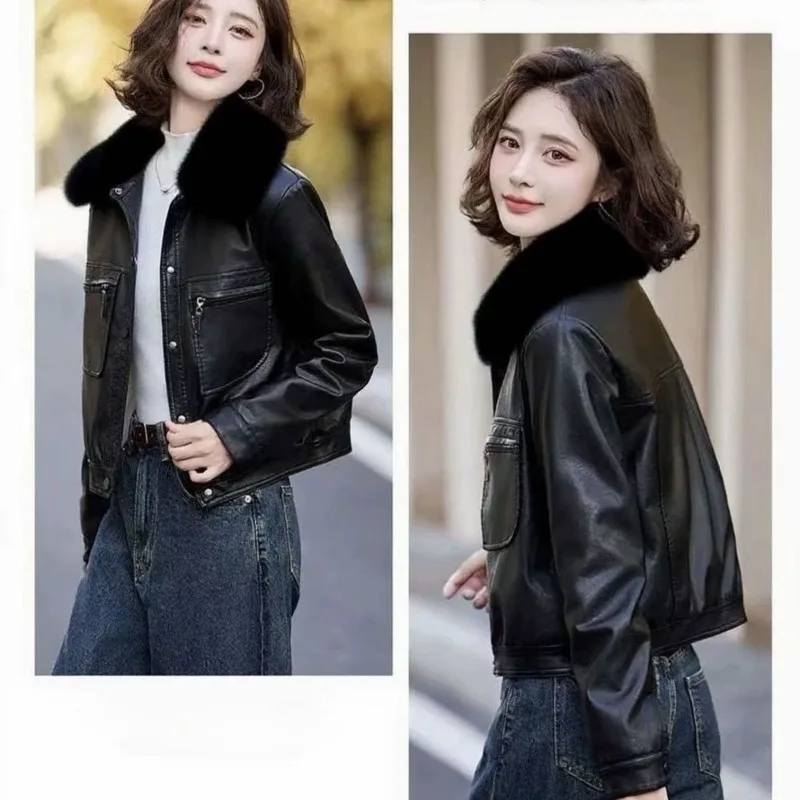 

A New Best-selling European Leather Jacket Women Winter Featuring Detachable Fur Collar Fleece Thickening and Cold-proof Warmth