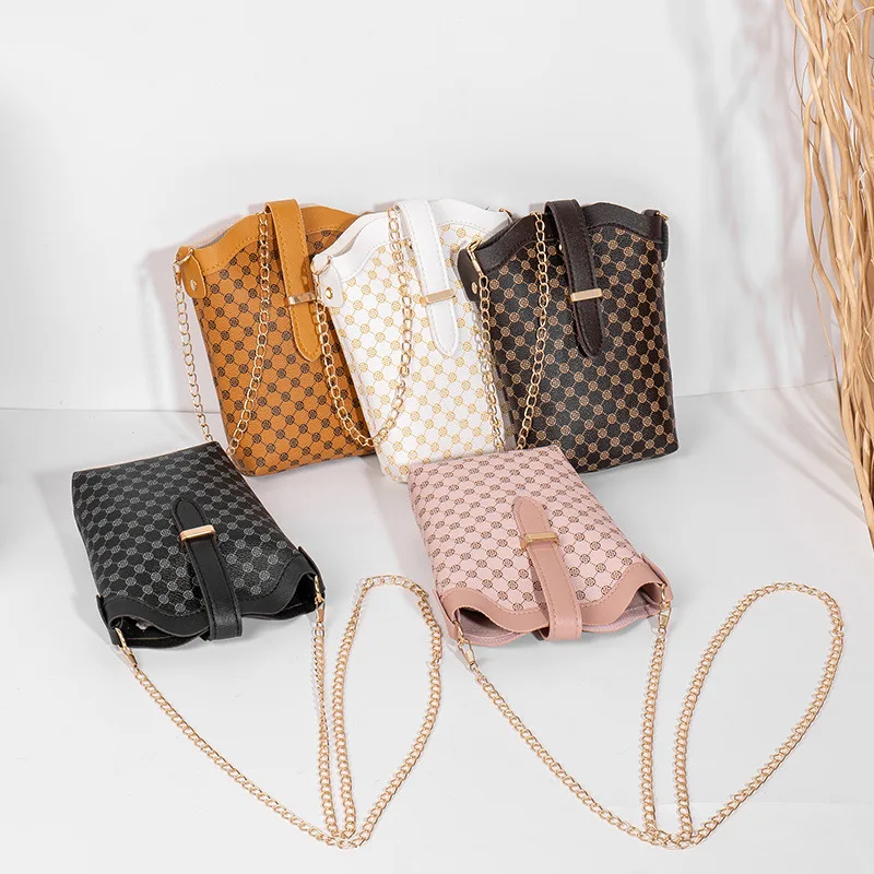 Borsa a tracolla singola con stampa a pois scozzese di nuova moda Mini borsa a secchiello piccola con tracolla a catena obliqua casual