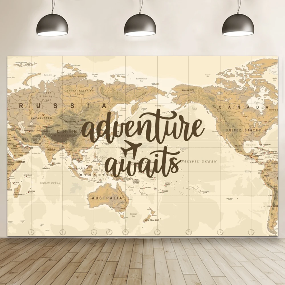 Adventure Airplane Hot Air Balloon Vintage Background Around World Map Photography Backdrop Baby Shower Cake Table Photo Booths