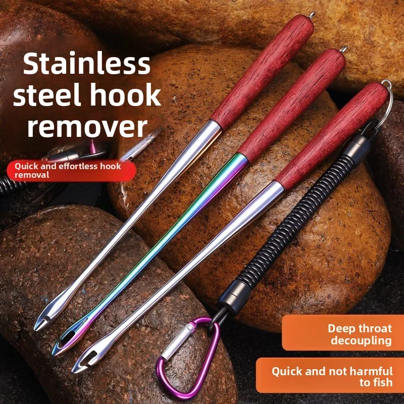 Multifunctional Fishing Hook Remover, Stainless Steel Deep Throat Extended Wooden Handle Grenade Hook Head Fish Remover