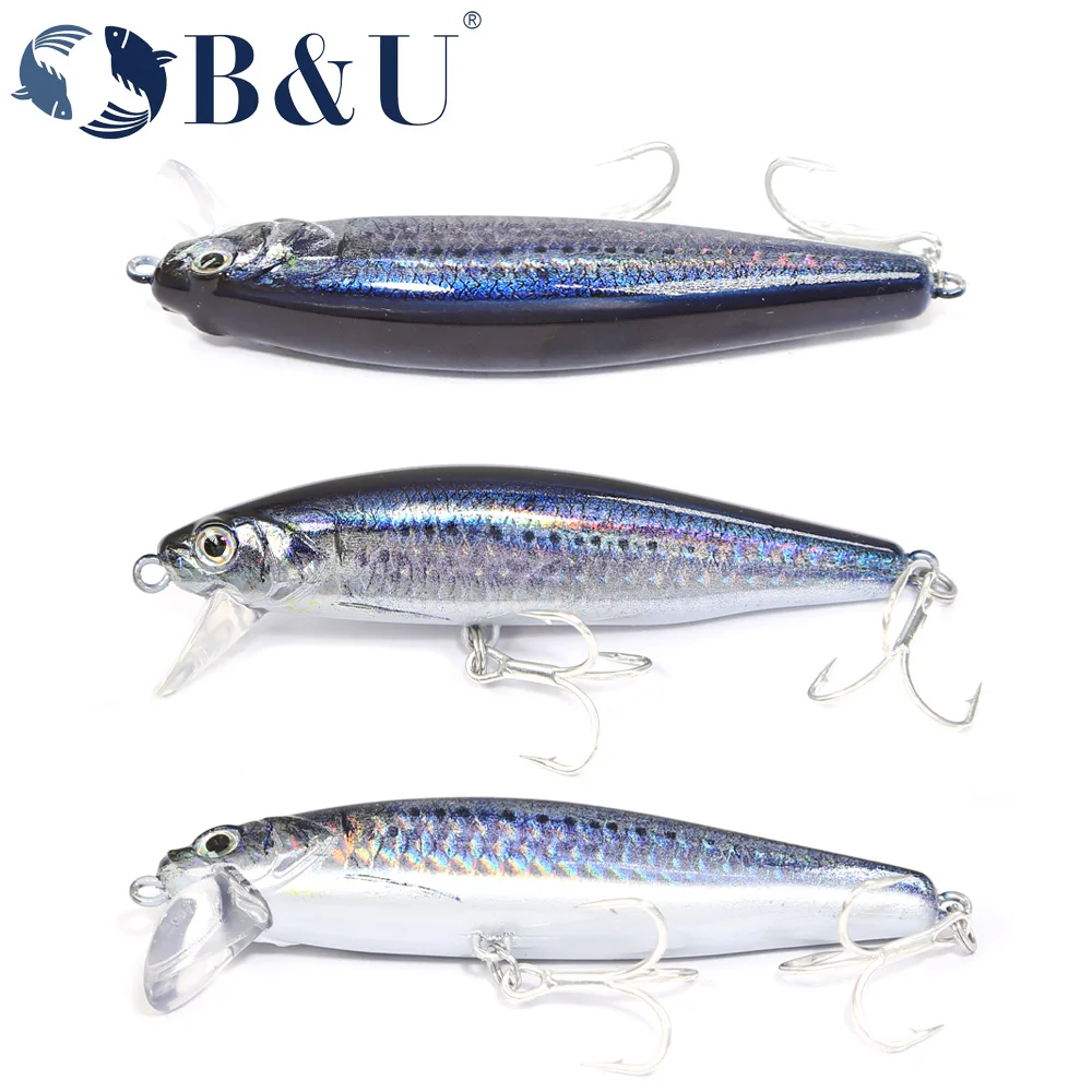 B&U 80mm Affondamento Minnow Richiamo duro Jerkbait Acqua salata Lunga distanza di lancio Esche da pesca Mare Esche artificiali Wobblers Spigola