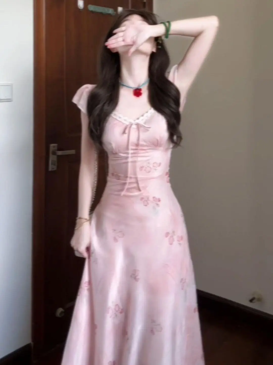 

Новое летнее женское платье с цветочным кружевом, квадратным вырезом, коротким рукавом, розовое, А-силуэт, удобное, повседневное