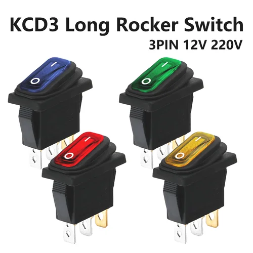 Imagen 1 del producto Interruptor basculante largo para salpicadero de coche, luz led de 12V, 5/20/100 piezas, IP67, KCD3, 3 pines, 20A, tipo de barco Rectangular, impermeable