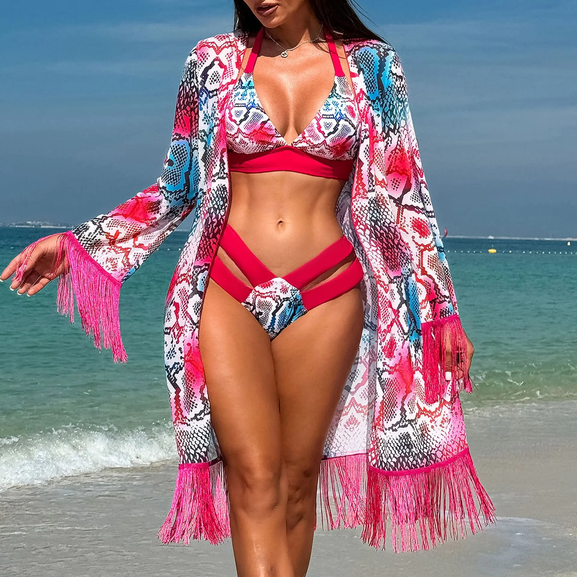Women's Three Piece Tassel Swimsuit Bikini Sets with Ruffles Cover Up Printed Boho Cami Tops High Waist Beachwear Bathing Suits