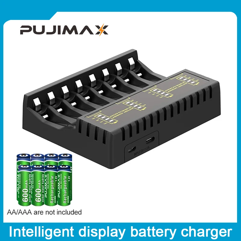 PUJIMAX-Carregador de Bateria Recarregável com Indicador LED, Carregadores de Proteção contra Curto-Circuito, Ni Cd, AAA, AA, 8 Slots