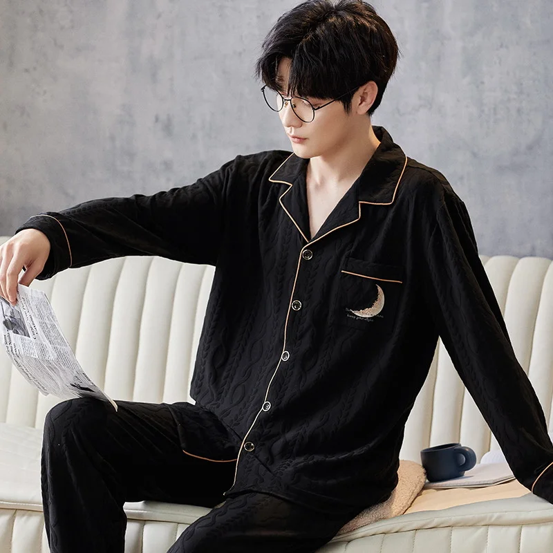 Men's Spring Summer Solid Cotton Sleepwear Long Sleeve Trousers Cardigan Suit Casual Loose High Elastic  Teenagers Pajamas